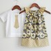 Brother / Sister SET ... Aviary in yellow and gray Flutter sleeves Dress & Matching Neck Tie Applique Boys SHORT sleeves T-shirts or Onesie