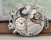 steampunk necklace LOVE TAKES TIME antique engraved pattern Waltham year 1908 pocket watch movement necklace with Iris and vintage glass cab