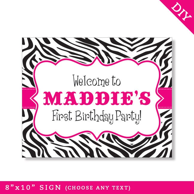 Zebra party in ANY COLOR - Personalized DIY printable sign