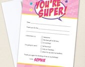 PINK Superhero party - Set of 15 custom thank you cards - Printable file also available