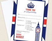 Union Jack party - Set of 15 custom thank you cards - Printable file also available