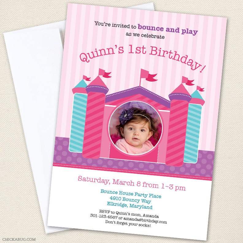 PINK Bounce House party - Set of 15 custom photo invitations - Printable file also available