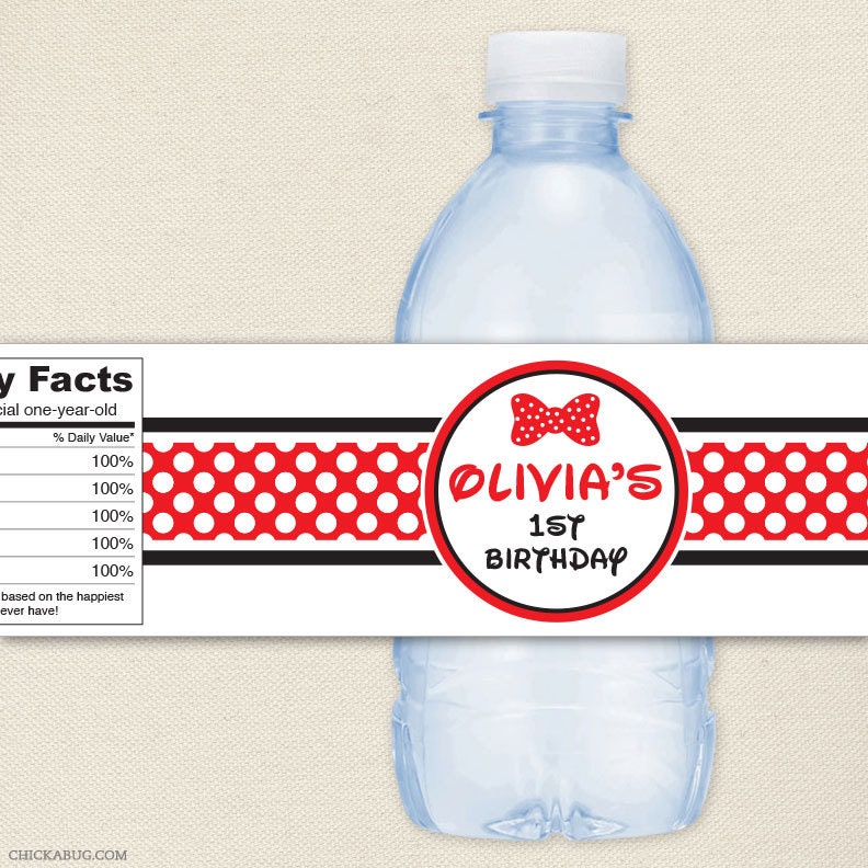 Minnie Mouse party - Personalized water bottle labels - Set of 15 - Choose red or pink