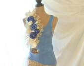 Women's shirt, tank top, romantic shabby rose shirt, cottage chic, boho ocean blue, embellished, altered couture, true rebel clothing