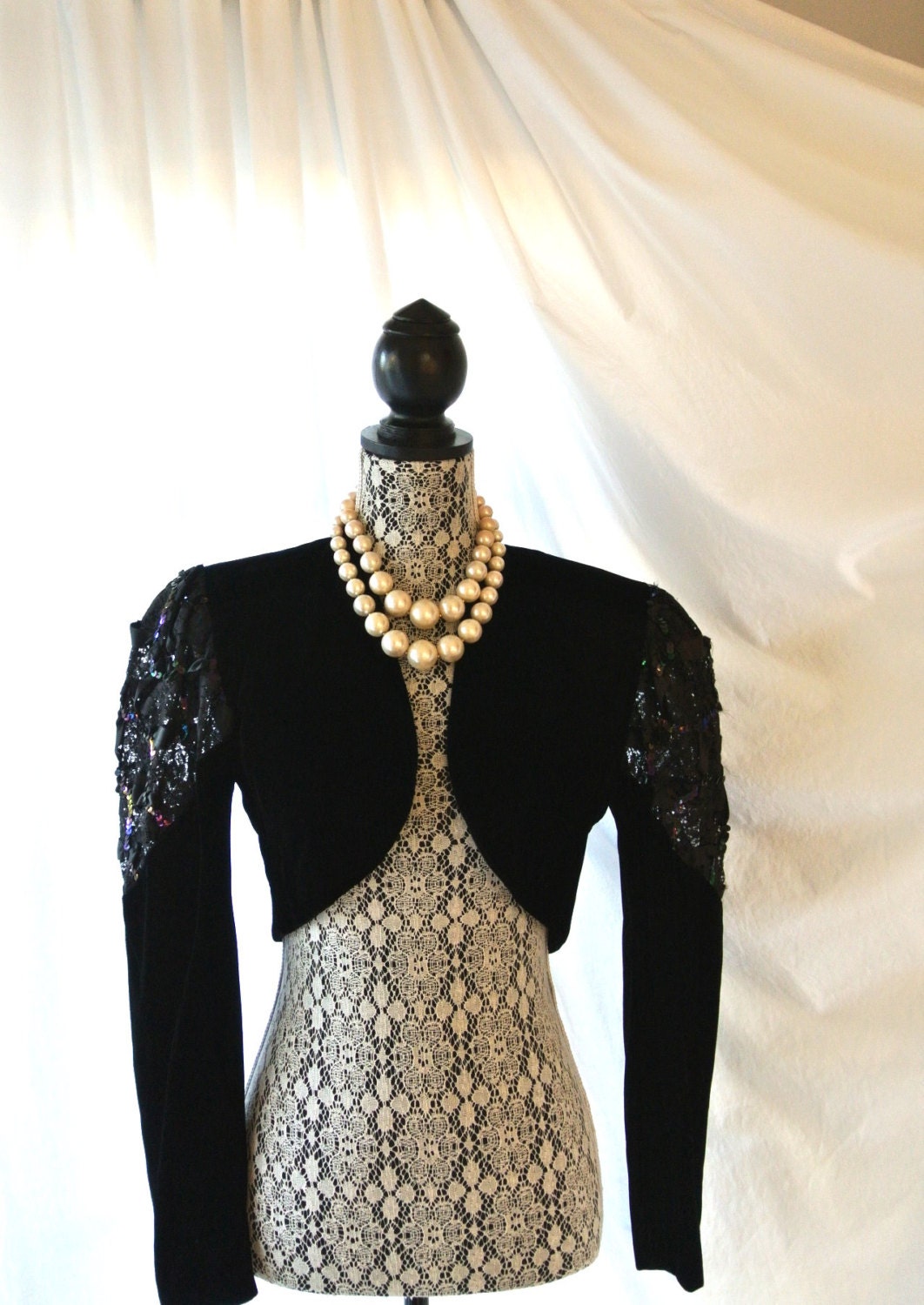 Vintage women's velvet shrug, retro, rocker, 80's bolero jacket, black velvet, 1980's fashion, sequin lace, True Rebel Vintage