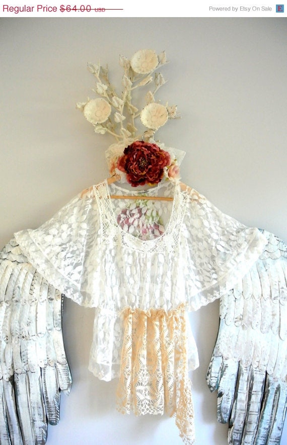 Memorial Day Sale Boho lace shirt, shabby white top, Romantic country clothing, cottage beach chic, layered lagenlook, true rebel clothing