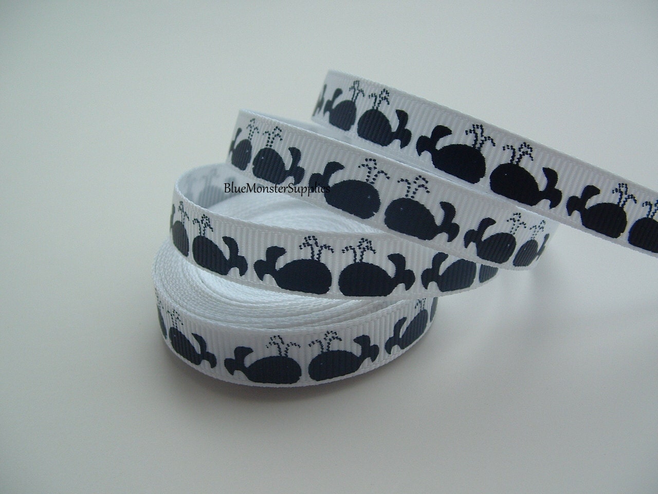 NEW RIBBON 5 Yards 3/8 Inch White with Navy Whales Grosgrain Ribbon
