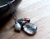 Tourmalated Quartz Necklace, Garnet Gemstone, Freshwater Pearl Necklace in Oxidized Sterling Silver