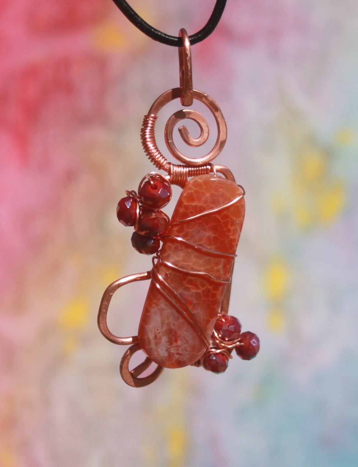 Copper Wire Wrapped Crab Fire Agate and Crystal Pendant 021713-2