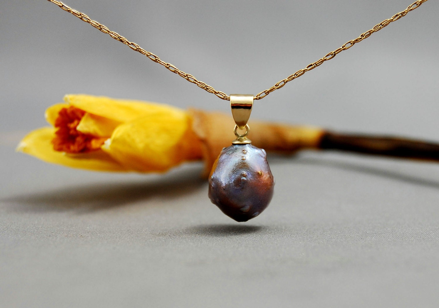 Margaux - pearl pendant, OOAK, dark, pearl jewelry, gold, Rosebud pearl, rare, baroque pearl, fashion, freshwater pearl,  free shipping