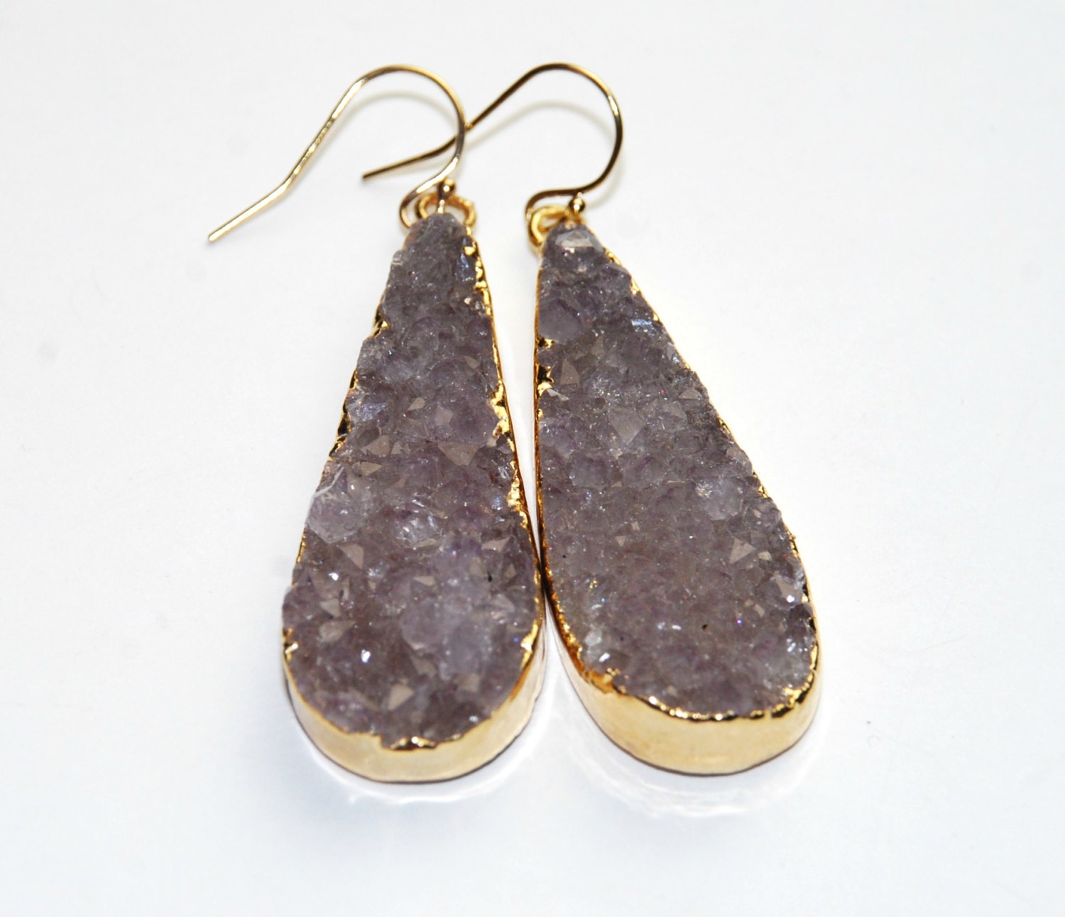 Amethyst Druzy Earrings - Raw Natural Stone - Long Earrings - Light Purple Jewelry