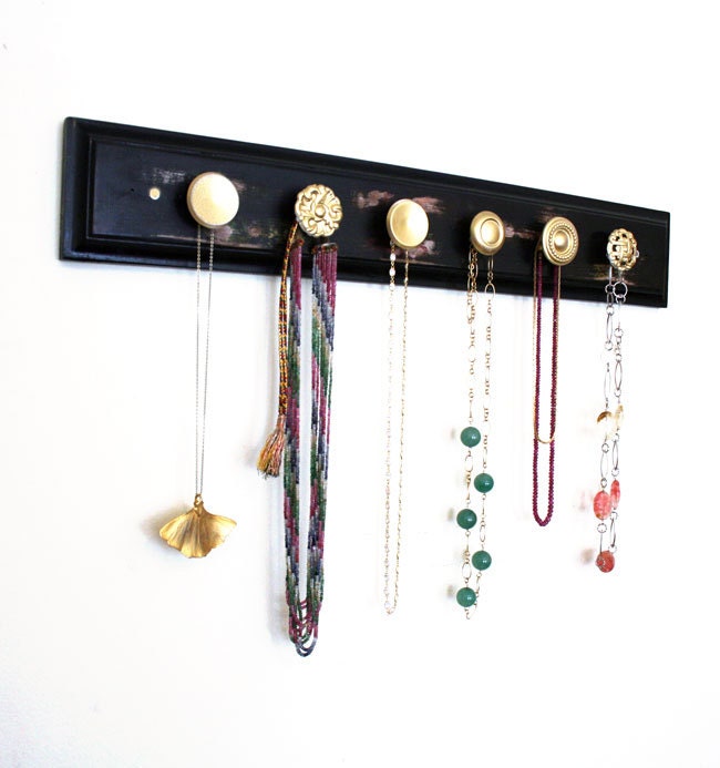 Vintage Modern Scarf Rack. Jewelry Organizer. For the Home. Black. Gold. 6 hook.