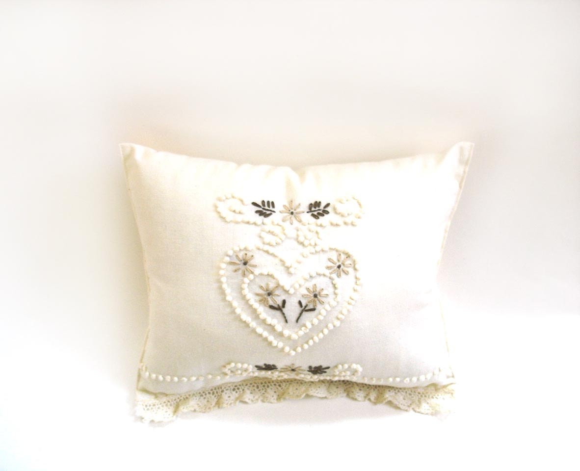 Embroidered heart pillow, recycled vintage tea towel upcycled feminine gift for her