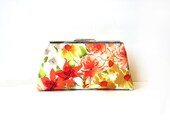 Spring clutch bag floral peach orange yellow, metal kiss lock frame