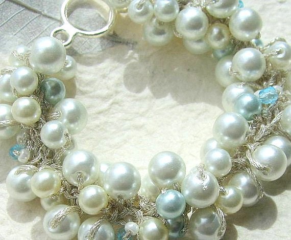 TIFFANY BLUE Wedding  Bracelet, Bridal Party, Pearl Crystal Bangle, Hand Knit Fiber Art Spiral Cluster Twist, Artisan Sereba  Design