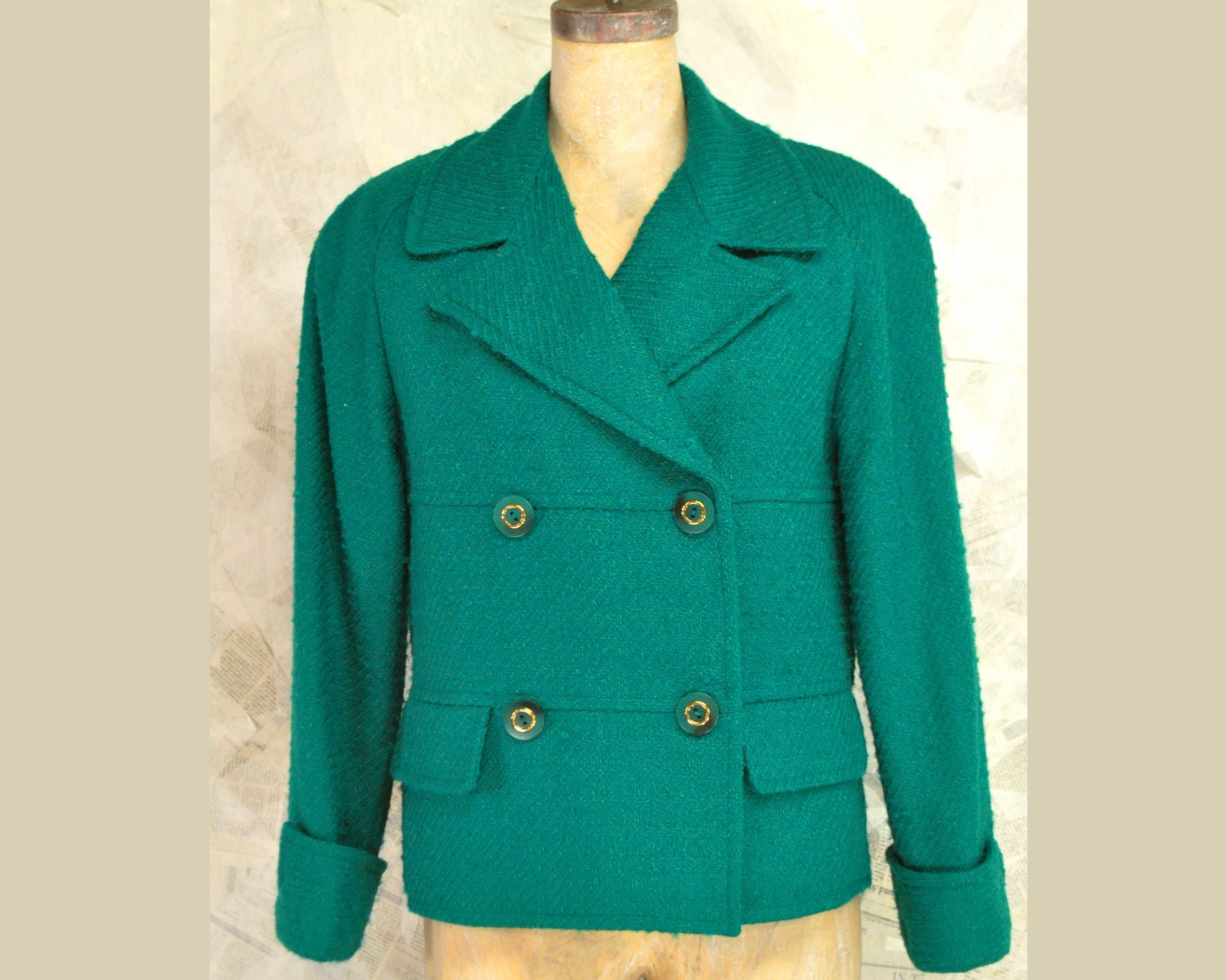 Vintage Green Jacket  4 Wool Silk Boucle Emerald gold buttons