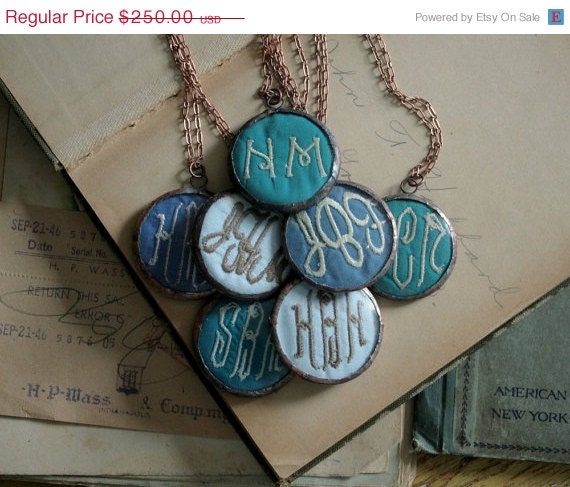 Monogrammed Necklace Initial Pendant  Personalized on Fabric Seven Bridesmaids Necklaces in Shades of Blue