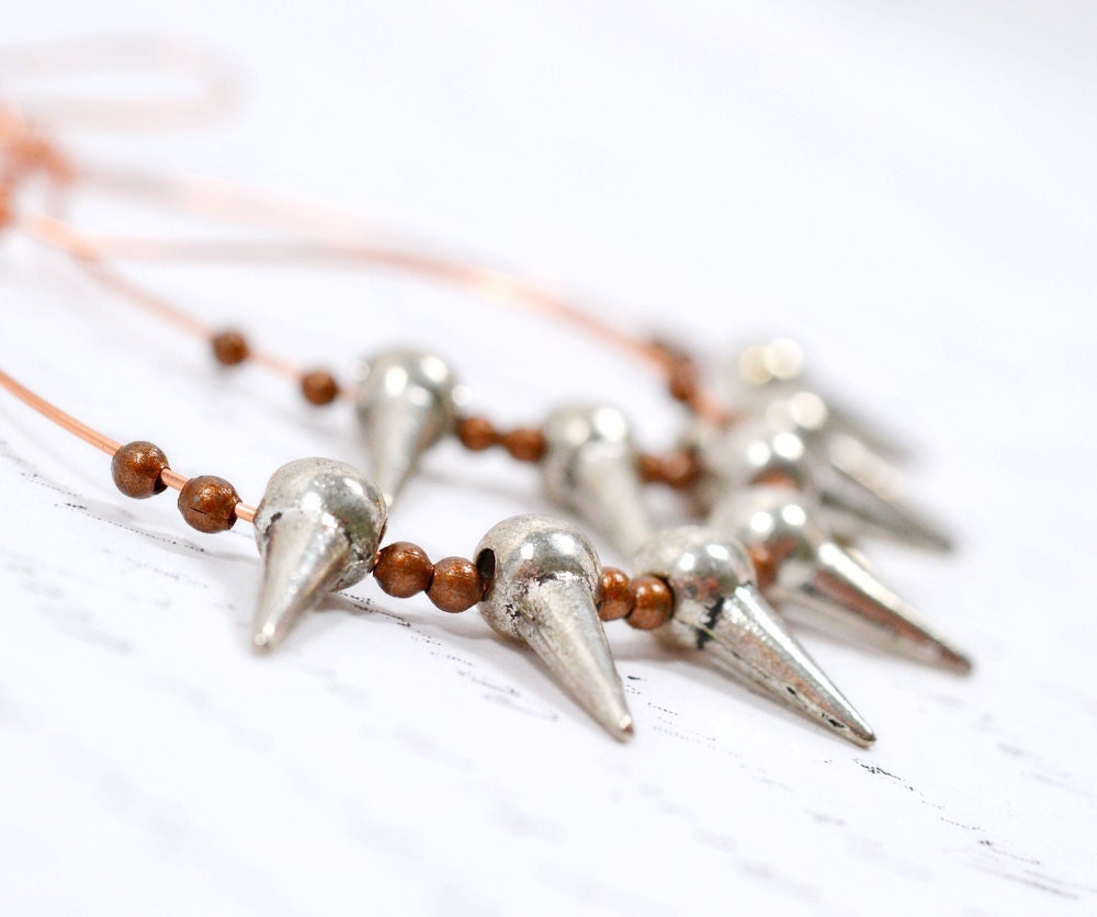 Large Copper Hoops with Silver Spikes, Copper Earrings with Silver Daggers, Big Statement Earrings