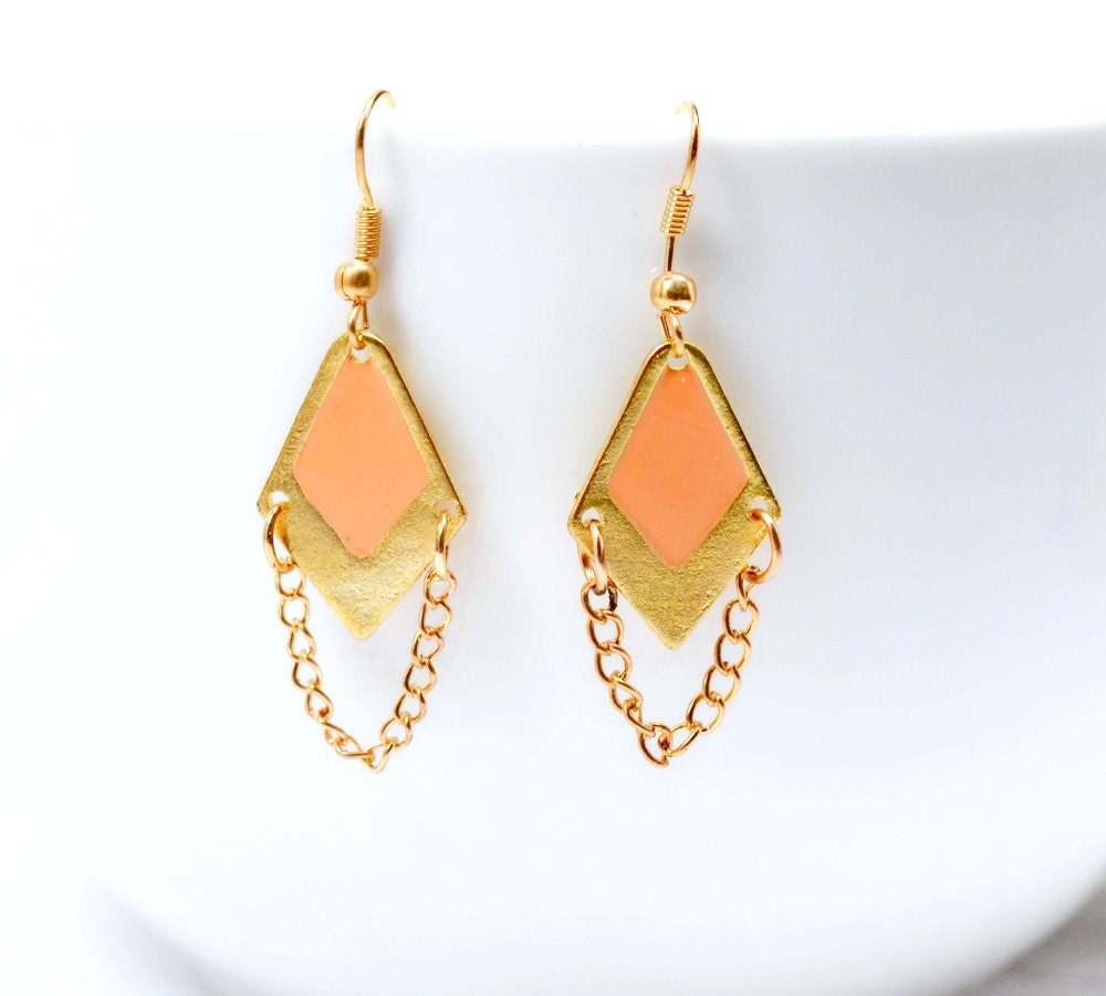 Triangle Earrings, Coral Earrings, Geometric Earrings, Gold Geometry, Chains, Orange on Gold