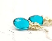 Deep Teal Blue Drop Earrings, Wire Wrapped Swarovski Crystal on Sterling Silver