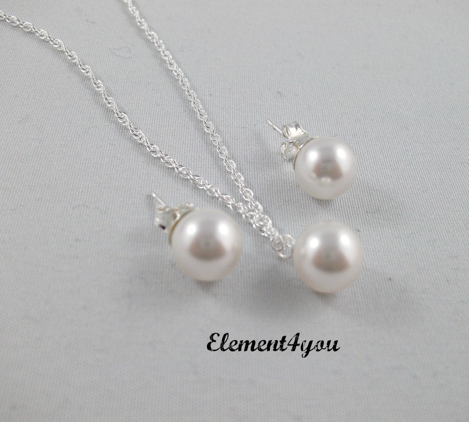 Pearl jewelry set, Post it earrings, Single pearl pendant, Bridesmaid jewelry, Flower girl, Sterling silver chain, Wedding necklace set.