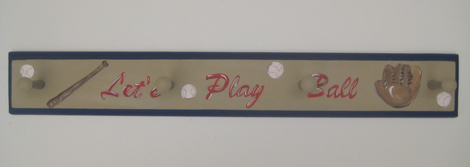 Lets Play Ball- hand painted peg rack in tan, navy and red