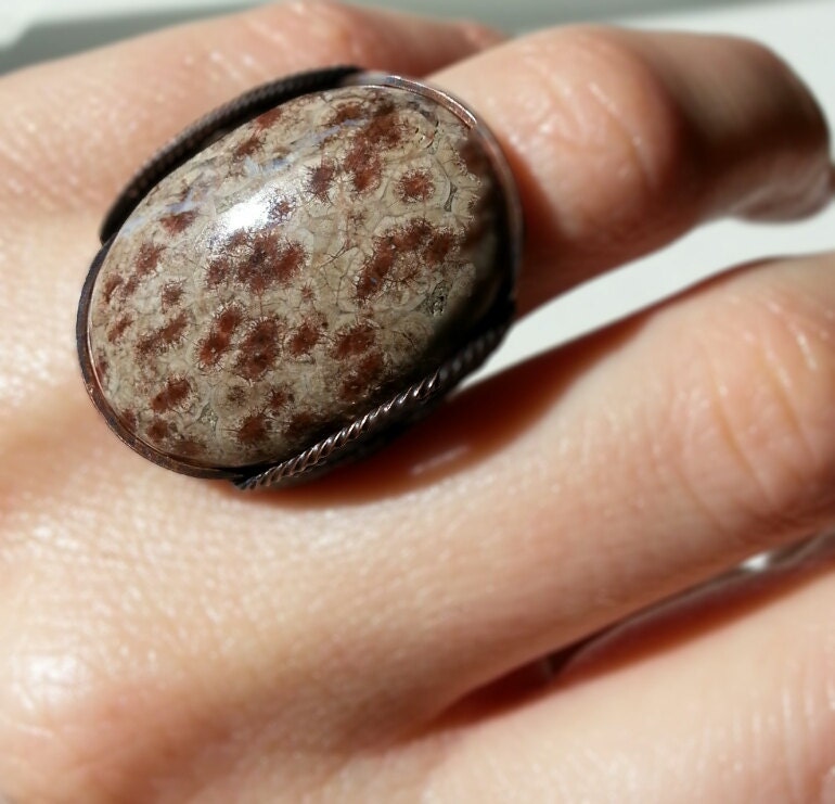 Fossil Stone Ring, Natural, Brown, Tan, Bold Statement, Oxidized Copper, Any Size, Summer Fashion