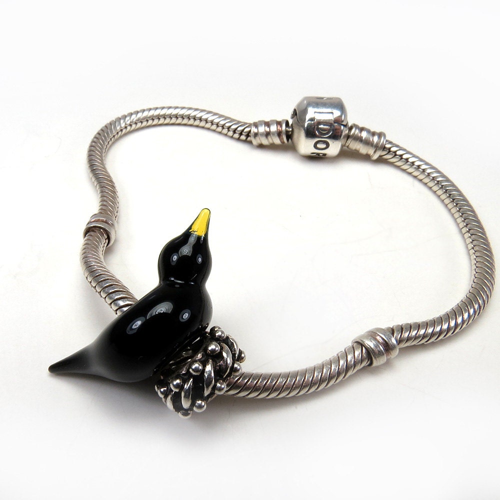 Big hole lampwork bead, lampwork glass black bird, fits Troll Trollbead bracelets - Raven BHB