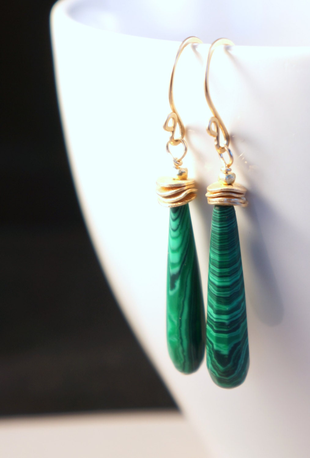 14K gold filled and emerald green malachite drop earrings with brushed gold vermeil discs/ emerald green earrings/ bright green