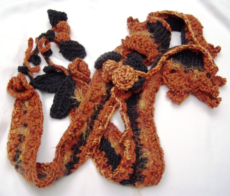 Freeform Tangerine Hand crocheted Scarf with tufted garnishee