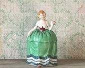 Circa 1940s Porcelain Colonial  Lady Figural Powder Box Green Gown Pink Rose Japan