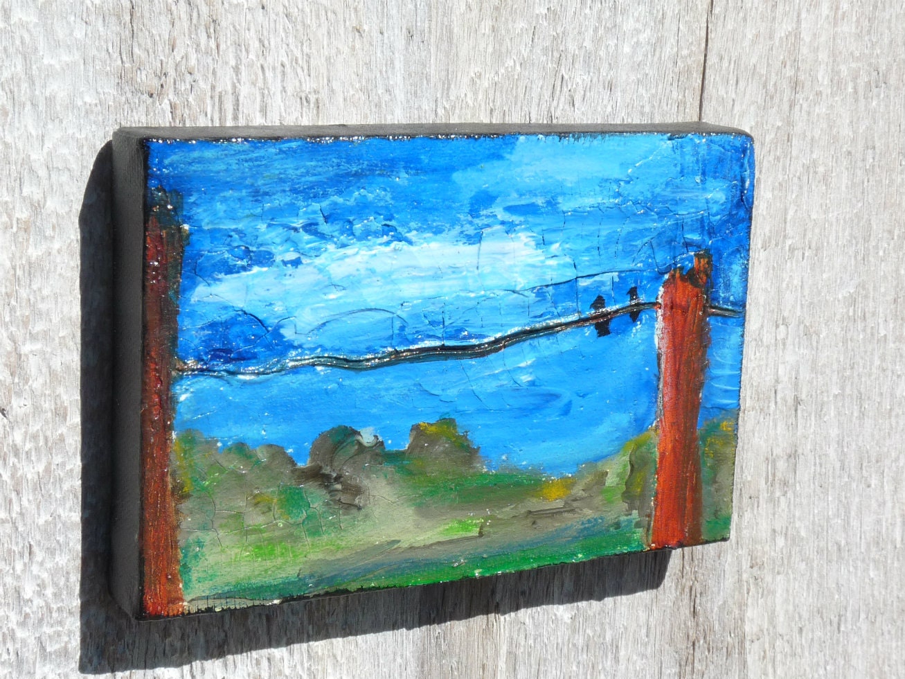 mixed media original, acrylic painting, OOAK, The Wire, in layers, farm house, Blue Sky, Accent Art, put a bird on it,