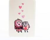 Two Owls In Love - Super Cute - Blank I LOVE YOU Greetings Card, Handmade, Recycled, Illustrated