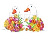 Springtime Ducks 8 x 10 Floral Art Print Nursery Art Animal Art