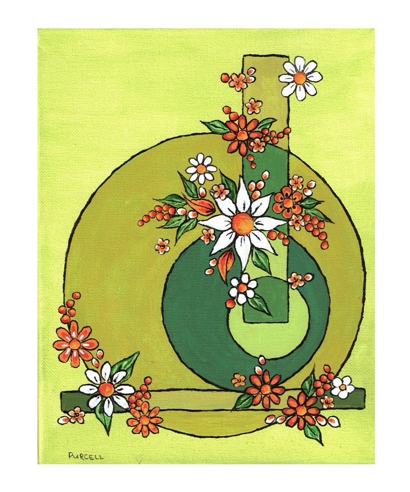 Abstract Green Floral Acrylic Paint 8 x 10 Canvas with Daisies and Geometric Shapes