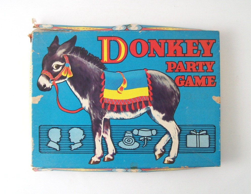 vintage pin the tail on the donkey game party poster paper ephemera mid century modern retro old 1950's