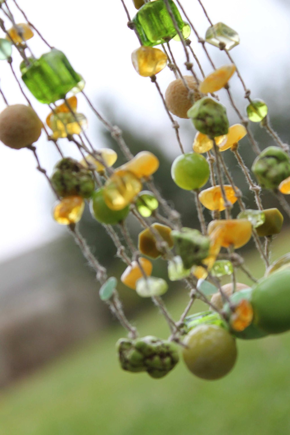 First Leaves of Spring Necklace Multistrand Jewelry light pistachio Green Lime Yellow Honey Pastel Colors Bright Leaf Organic linen Fashion