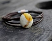 White Amber & Leather  Bracelet Orange White Raw Oval Unique Stone Unisex Rustic Jewelry Pure Eco Natural Fashion Summer Brown OOAK