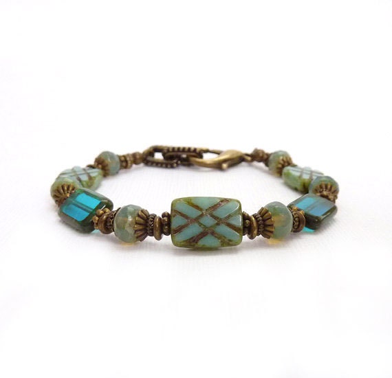 Aqua Glass Bracelet, Engraved Fire Polished Glass, Teal, Opal Beads, Boho Bracelet, Antiqued Bronze, Beach Jewelry