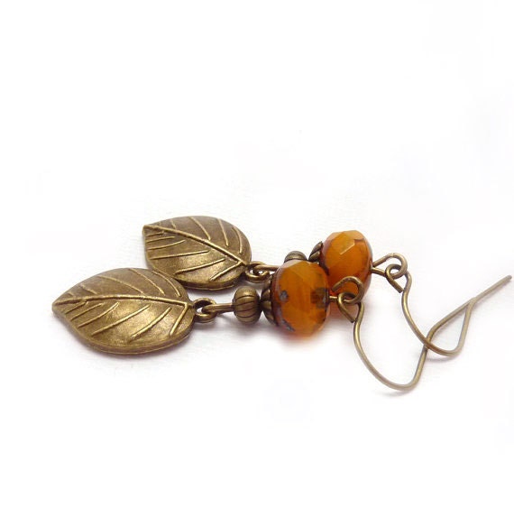 Mustard Yellow Drop Earrings, Bronze Leaves, Rustic Earrings, Boho Jewelry, Summer Earrings, Floral Leaf