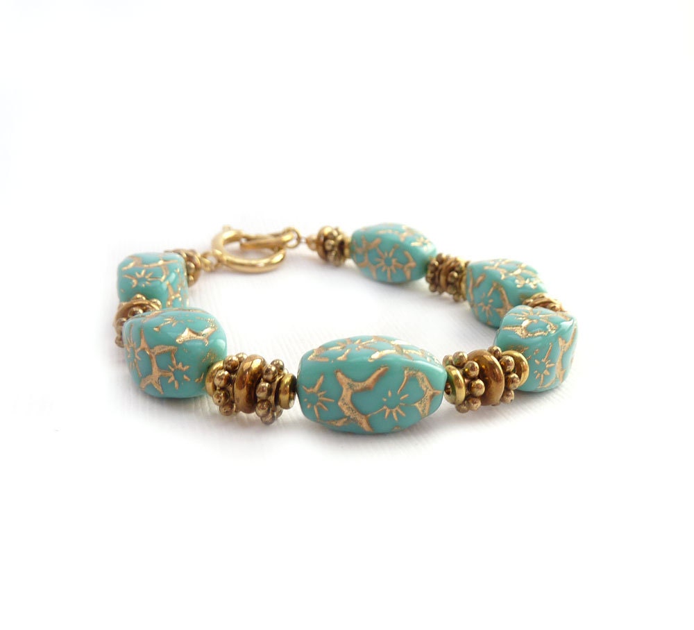 Turquoise Glass Bracelet, Carved Gold Inlay, Chunky Bracelet, Gold Accents, Rock StoneTreasures