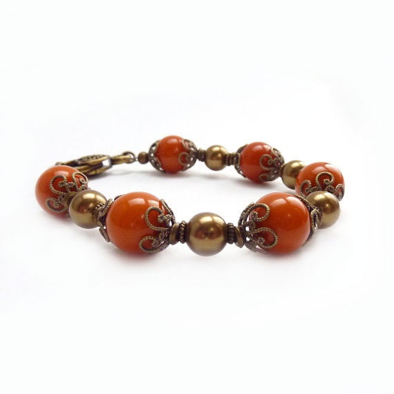 Orange Beaded Bracelet, Vintage Beads, Burnt Orange, Chunky Bracelet, Swarovski Pearls, Antiqued Bronze Bead Caps, Retro, Handmade