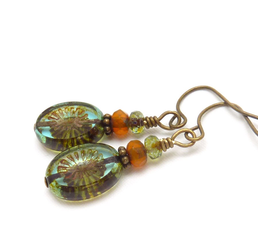 Glass Drop Earrings, Moss Sage Green, Engraved Picasso Glass Ovals, Boho Earrings, Mustard Yellow, Earthy Jewelry