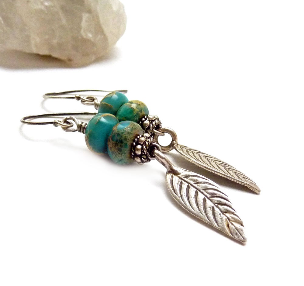 Turquoise Earrings, Southwestern Style, Hill Tribe Silver Leaves, Boho Drop Earrings, Hippie Jewelry, Casual Earrings