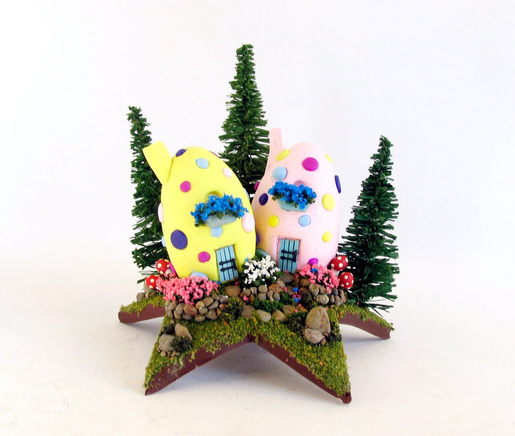 Pastel Easter Egg Fairy Houses Upon a Star - Miniature Spotted Woodland Egg Houses with Pine Trees, Mushrooms and Flowering Bushes