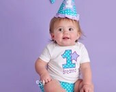 Party Outfit with Shirt, Diaper Cover, Party Hat, and Flower Pin in Purple and Teal Dot for Cake Smash or First Birthday - Baby - Girl