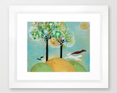 Spring Squirrel Patrol Framed Signed Earth Day Dogs Pets Sun Trees Grass Nature Hope Yellow White Red Blue Green Black Animals