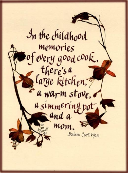 In the Childhood Memories of every Good Cook..original art giclee print card. Flowers and calligraphy