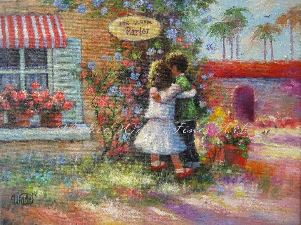 Ice Cream Hugs Art Print, girl, boy, brother, sister, boyfriend, paintings, ice cream parlor, shop, Vickie Wade art