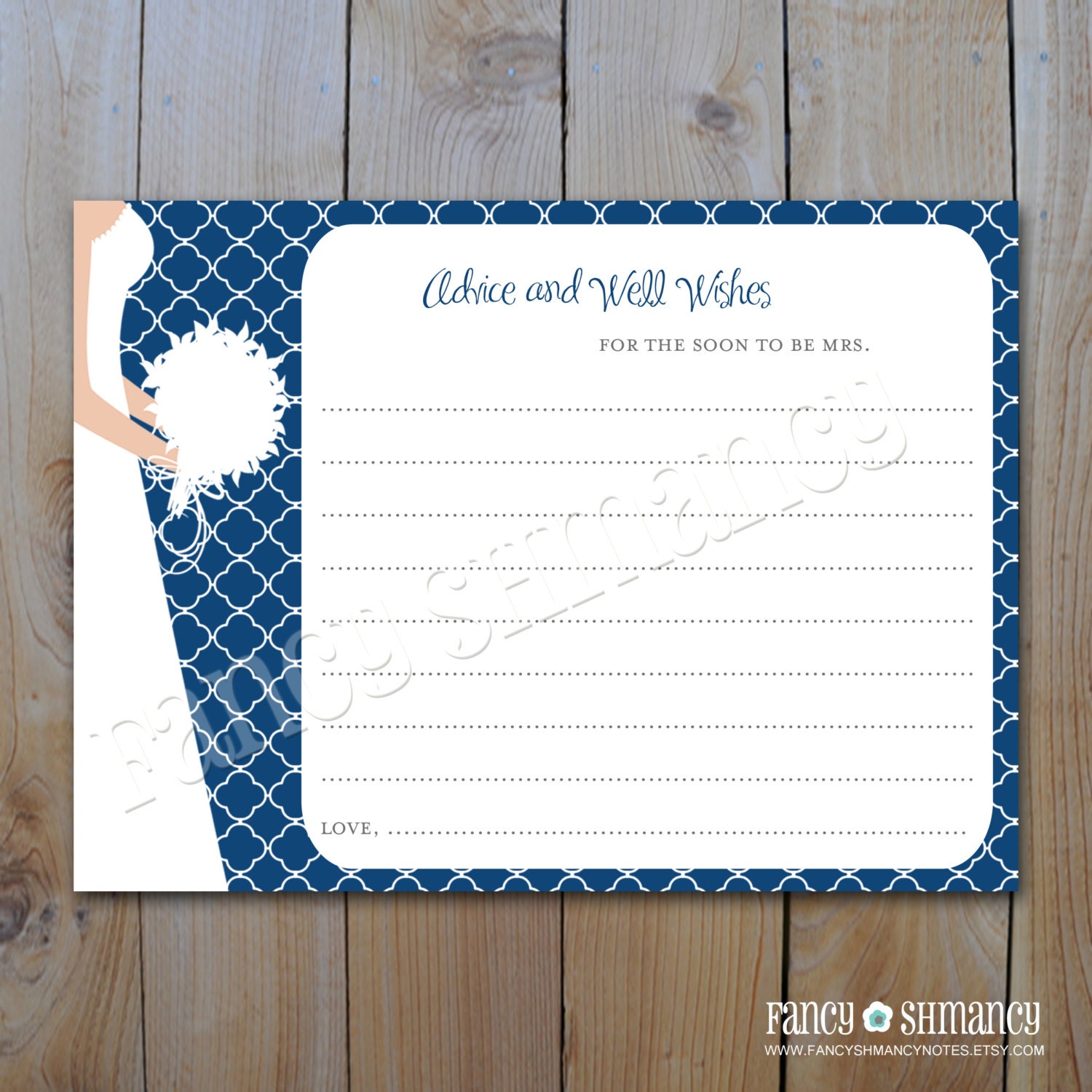 Bridal Shower Advice Card / Navy Quatrefoil Bride Silhouette / Instant Download / Printable pdf 5923